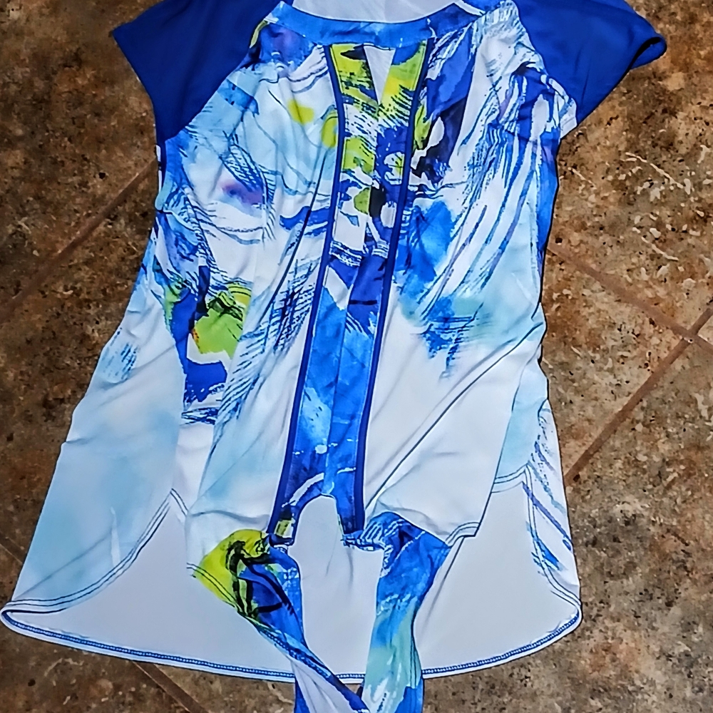 Blue and White Abstract Print Tank Top Blouse With Front Waist Tie